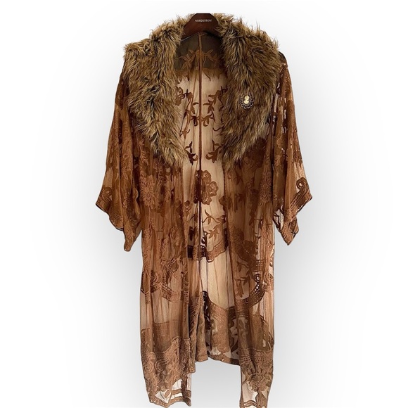 Faux fur collar embroidered lace kimono duster, One of a kind reworked, size L - Picture 1 of 11